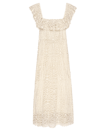 The Balcony Dress by THE GREAT. PS25 is a knee-length, sleeveless piece in cream intricate lace, with a wide ruffled neckline that exudes timeless elegance.