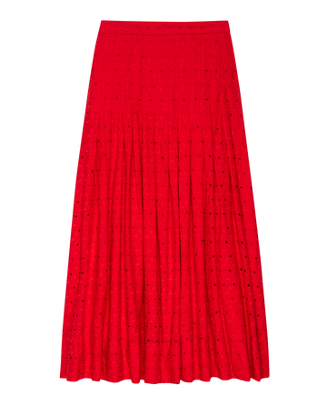 The Rhythm Skirt by THE GREAT. PS25 is a Red Rose pleated midi skirt featuring an eyelet pattern, epitomizing contemporary fashion against a stark white background.