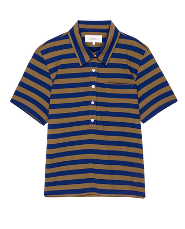 The Lacrosse Polo - Capital Stripe by THE GREAT. PS25, ideal for sportswear or casual wear, sports navy and olive green stripes with a collar, a chest pocket for lacrosse outings, and white front buttons.